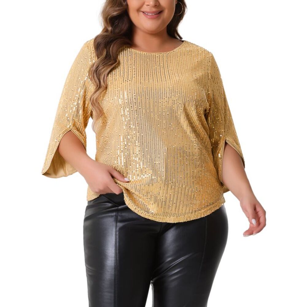 Plus Size Tops Glitter 3/4 Slit Sleeve Crew Neck Sequin Party Blouse Tops Gold